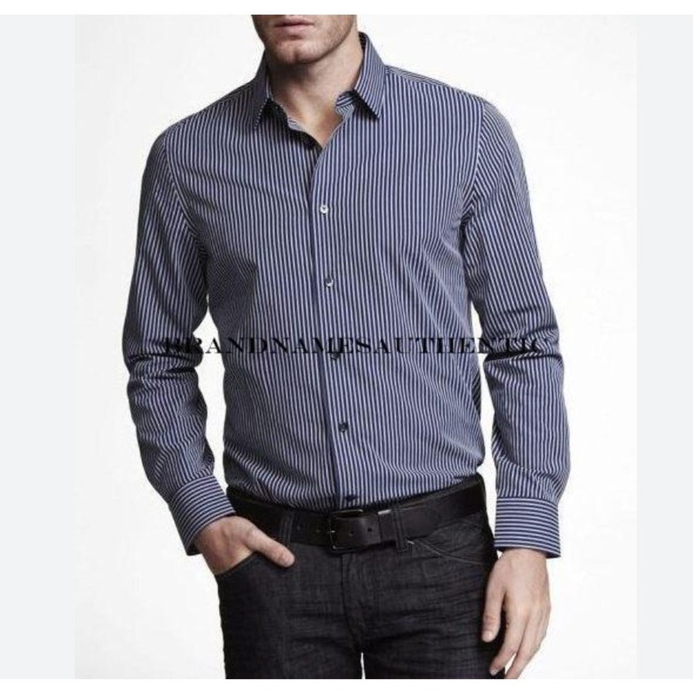 EXPRESS Fitted Navy White Stripe Button Down Shirt Long Sleeve - Size‎ S